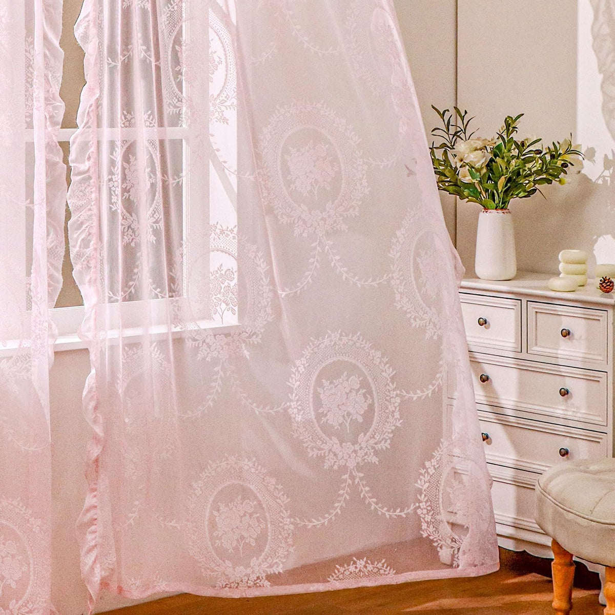 Pink Lace Curtains 63 Inch Length for Bedroom 2 Panels Set Cute Vintage Curtains Sheer Floral Embroidery Ruffled Window Treatment Rod Pocket,52 X 63 Inch,Pink