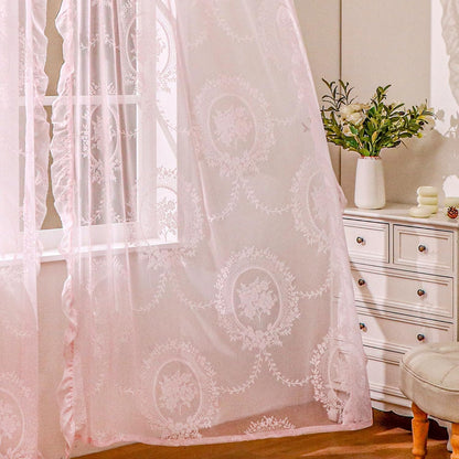 Pink Lace Curtains 63 Inch Length for Bedroom 2 Panels Set Cute Vintage Curtains Sheer Floral Embroidery Ruffled Window Treatment Rod Pocket,52 X 63 Inch,Pink