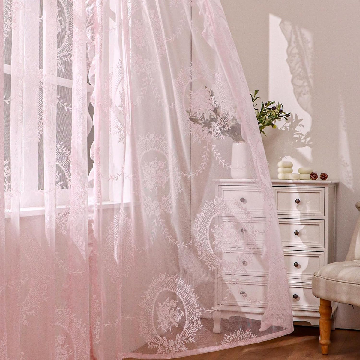 Pink Lace Curtains 63 Inch Length for Bedroom 2 Panels Set Cute Vintage Curtains Sheer Floral Embroidery Ruffled Window Treatment Rod Pocket,52 X 63 Inch,Pink