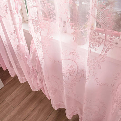 Pink Lace Curtains 63 Inch Length for Bedroom 2 Panels Set Cute Vintage Curtains Sheer Floral Embroidery Ruffled Window Treatment Rod Pocket,52 X 63 Inch,Pink