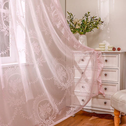Pink Lace Curtains 63 Inch Length for Bedroom 2 Panels Set Cute Vintage Curtains Sheer Floral Embroidery Ruffled Window Treatment Rod Pocket,52 X 63 Inch,Pink
