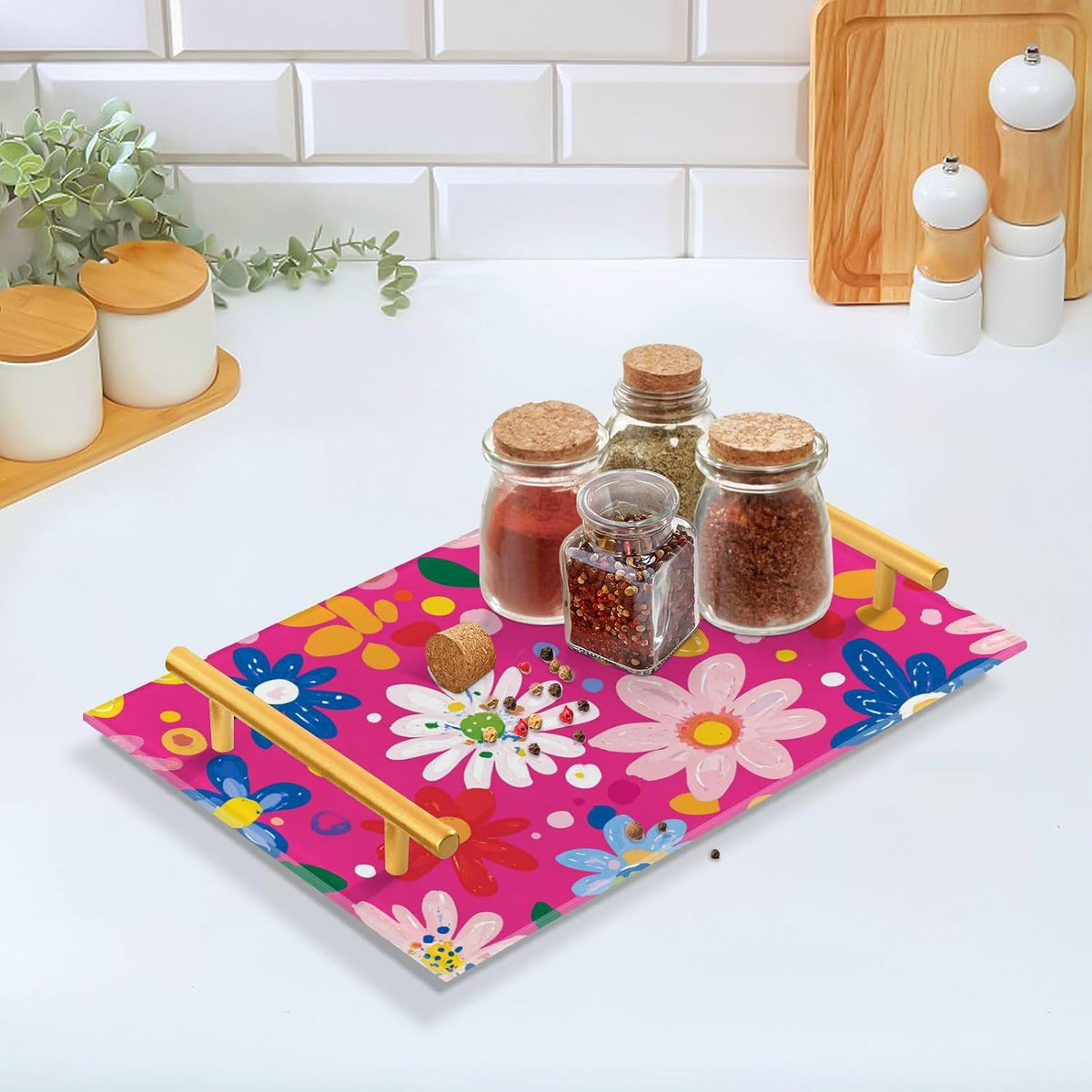 Fresh Little Flowers Peach Decorative Snack Tray with Handles Outdoor Serving Tray for Jewelry Perfume for Platters Serving bandeja para comida