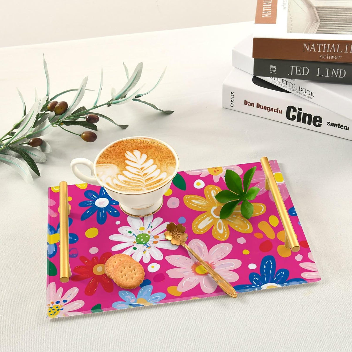 Fresh Little Flowers Peach Decorative Snack Tray with Handles Outdoor Serving Tray for Jewelry Perfume for Platters Serving bandeja para comida