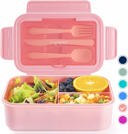 Classic Bento Box Adult Lunch Box for Older Kids - Leakpoof 47 oz 3-Compartment Lunch Containers for Adults and Teens, Built-in Utensil Set, Ideal for On-the-Go Balanced Eating, Pink