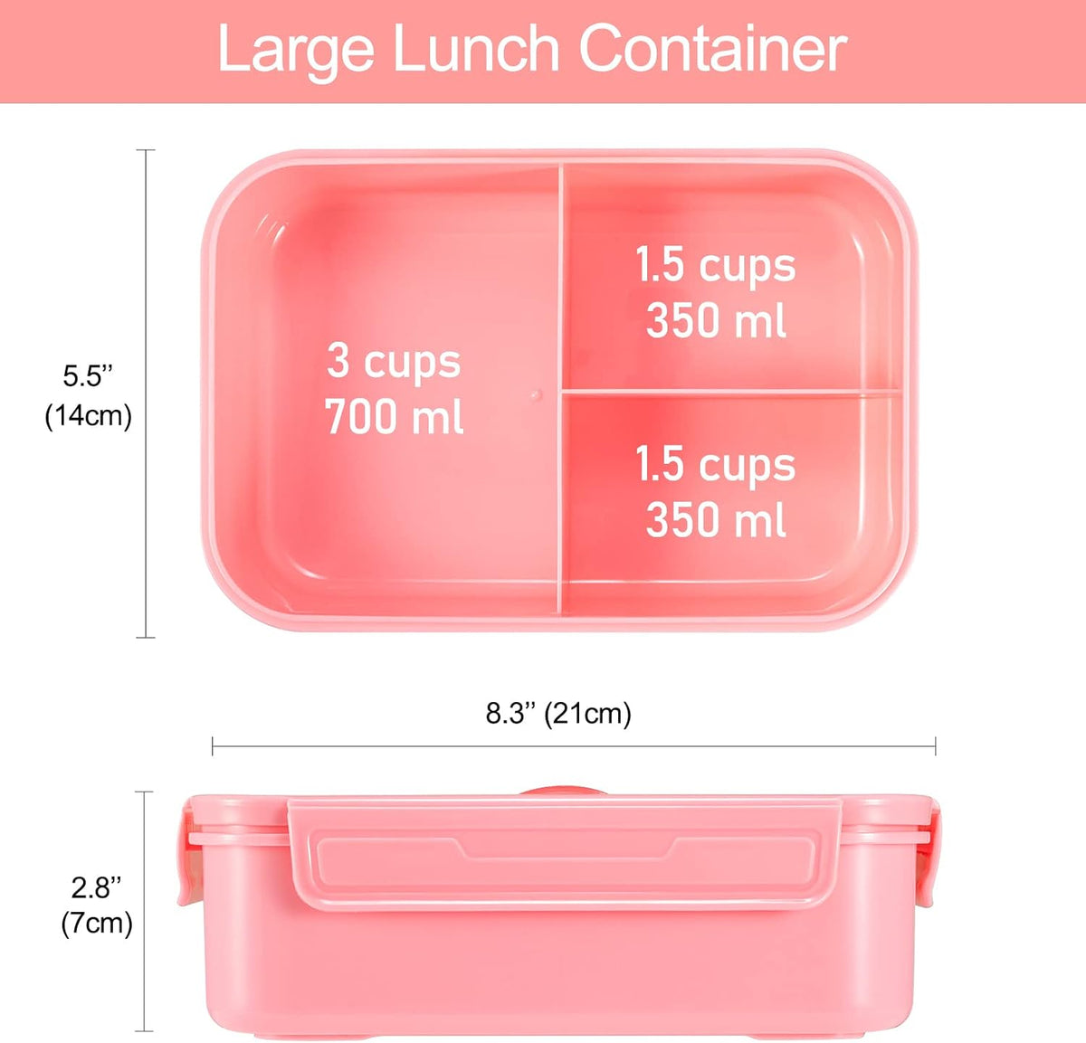 Classic Bento Box Adult Lunch Box for Older Kids - Leakpoof 47 oz 3-Compartment Lunch Containers for Adults and Teens, Built-in Utensil Set, Ideal for On-the-Go Balanced Eating, Pink