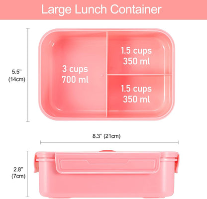 Classic Bento Box Adult Lunch Box for Older Kids - Leakpoof 47 oz 3-Compartment Lunch Containers for Adults and Teens, Built-in Utensil Set, Ideal for On-the-Go Balanced Eating, Pink