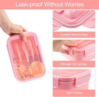 Classic Bento Box Adult Lunch Box for Older Kids - Leakpoof 47 oz 3-Compartment Lunch Containers for Adults and Teens, Built-in Utensil Set, Ideal for On-the-Go Balanced Eating, Pink