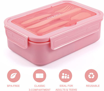 Classic Bento Box Adult Lunch Box for Older Kids - Leakpoof 47 oz 3-Compartment Lunch Containers for Adults and Teens, Built-in Utensil Set, Ideal for On-the-Go Balanced Eating, Pink