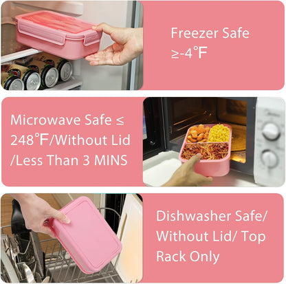 Classic Bento Box Adult Lunch Box for Older Kids - Leakpoof 47 oz 3-Compartment Lunch Containers for Adults and Teens, Built-in Utensil Set, Ideal for On-the-Go Balanced Eating, Pink