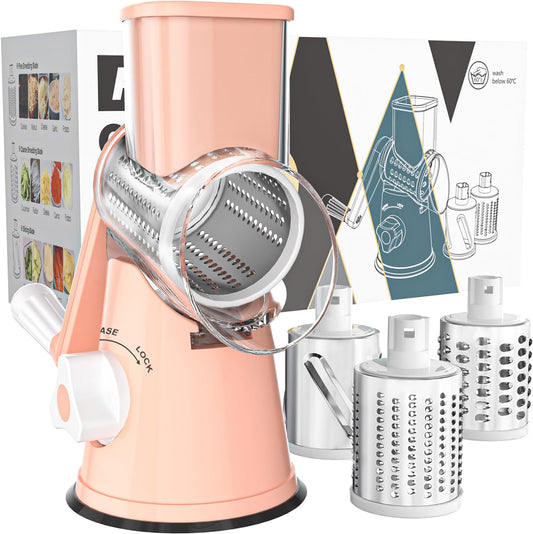 Rotary Cheese Grater Hand Crank Cheese Shredder for Fresh Cheese, Vegetable, Nuts,Non-slip Suction Base，Three Blades,Pink