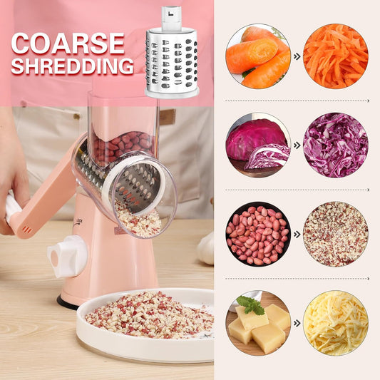 Rotary Cheese Grater Hand Crank Cheese Shredder for Fresh Cheese, Vegetable, Nuts,Non-slip Suction Base，Three Blades,Pink