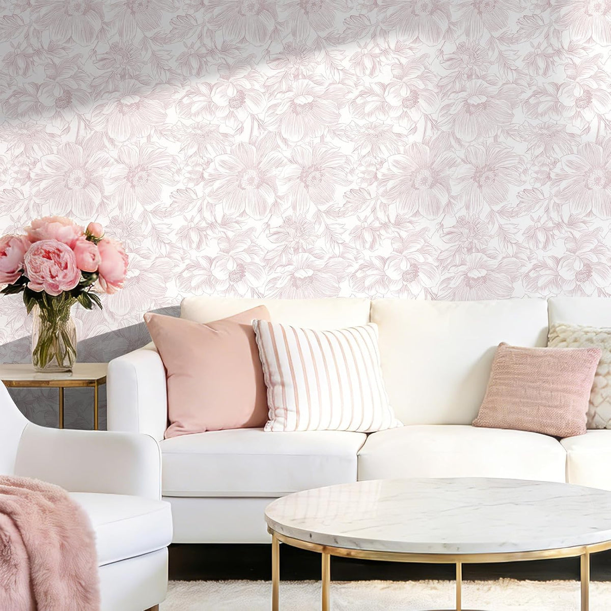 Floral Peel and Stick Wallpaper - Pink White Removable Self adhesive Wall Paper for Decor Walls Bathroom,Bedroom - Boho Flower Waterproof Modern Contact Paper for Cabinets and Drawers, 17.3"×78.7"