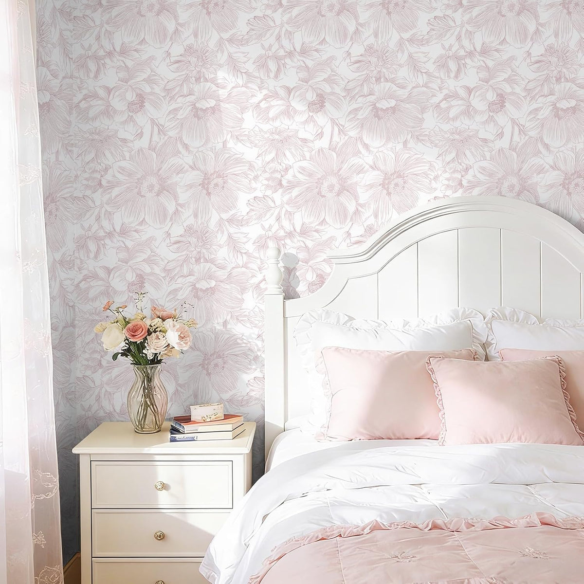 Floral Peel and Stick Wallpaper - Pink White Removable Self adhesive Wall Paper for Decor Walls Bathroom,Bedroom - Boho Flower Waterproof Modern Contact Paper for Cabinets and Drawers, 17.3"×78.7"