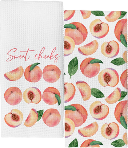 Watercolor Peach Kitchen Towels,16x24 Inches Set of 2,Sweet Cheeks Pink Calligraphy Farmhouse Dish Towels for Summer Home Bathroom Kitchen.(036)