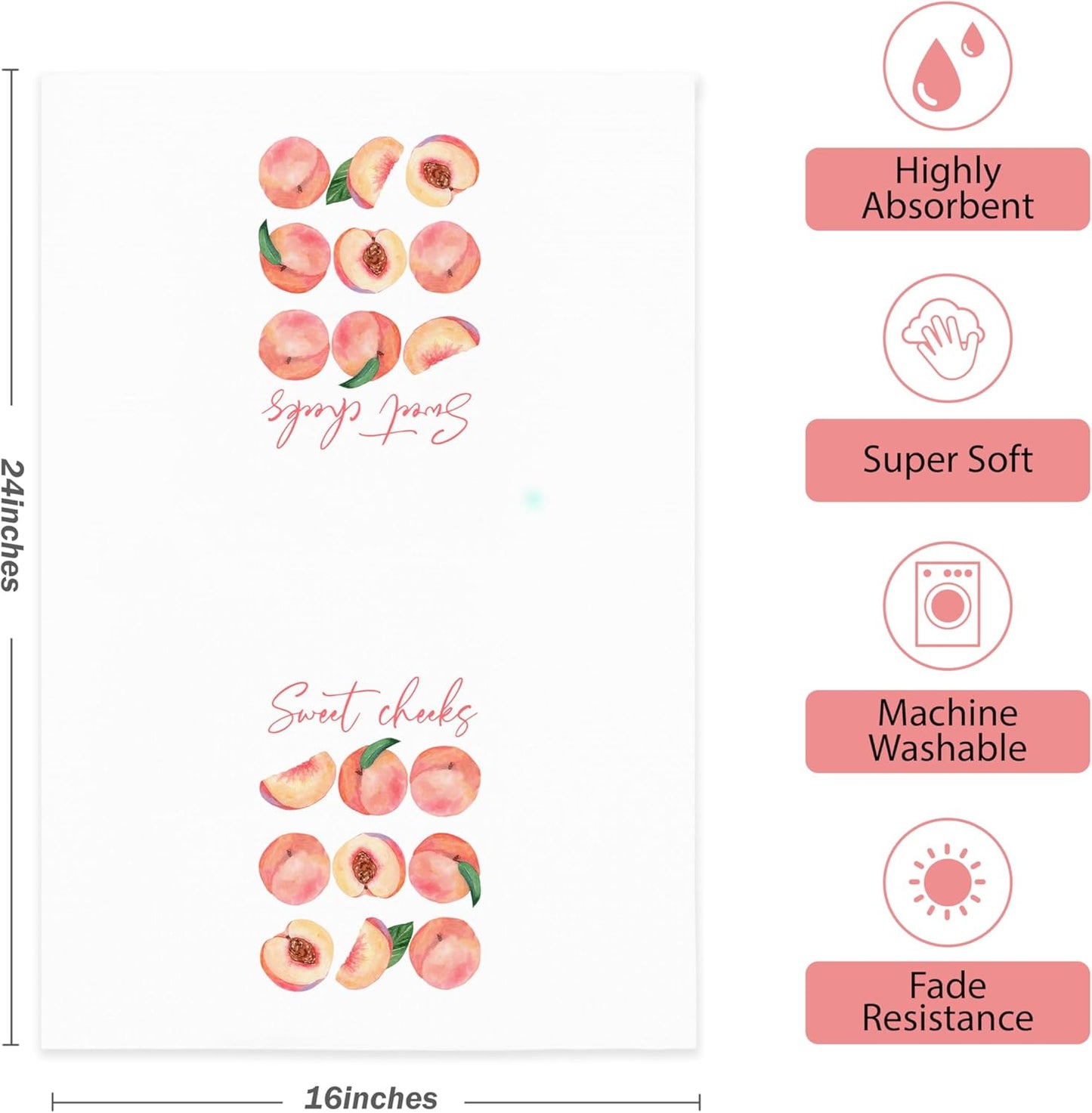 Watercolor Peach Kitchen Towels,16x24 Inches Set of 2,Sweet Cheeks Pink Calligraphy Farmhouse Dish Towels for Summer Home Bathroom Kitchen.(036)