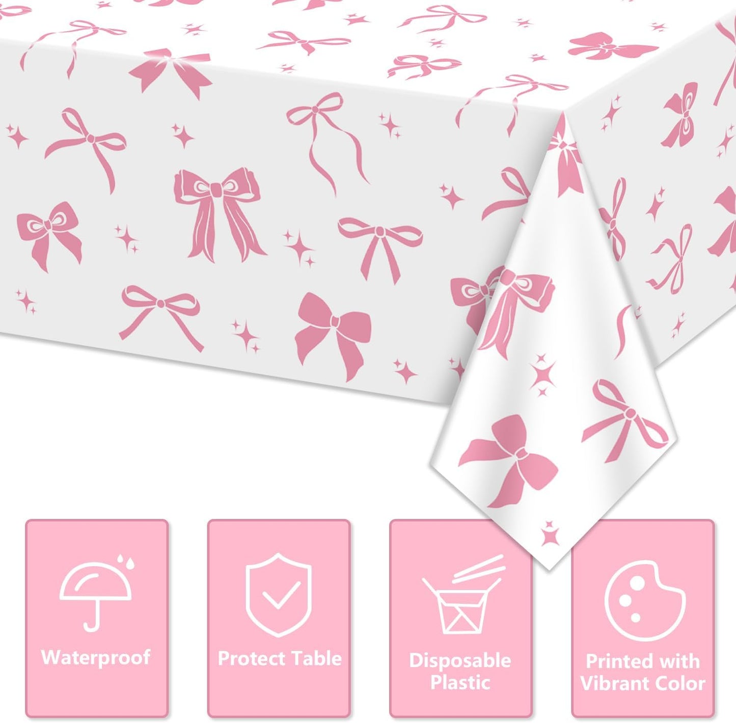 4 Pcs Pink Bow Table Cloths, 51 x 86 '' White and Pink Bow Birthday Decorations for Coquette Birthday Decorations Baby Shower Party Supplies