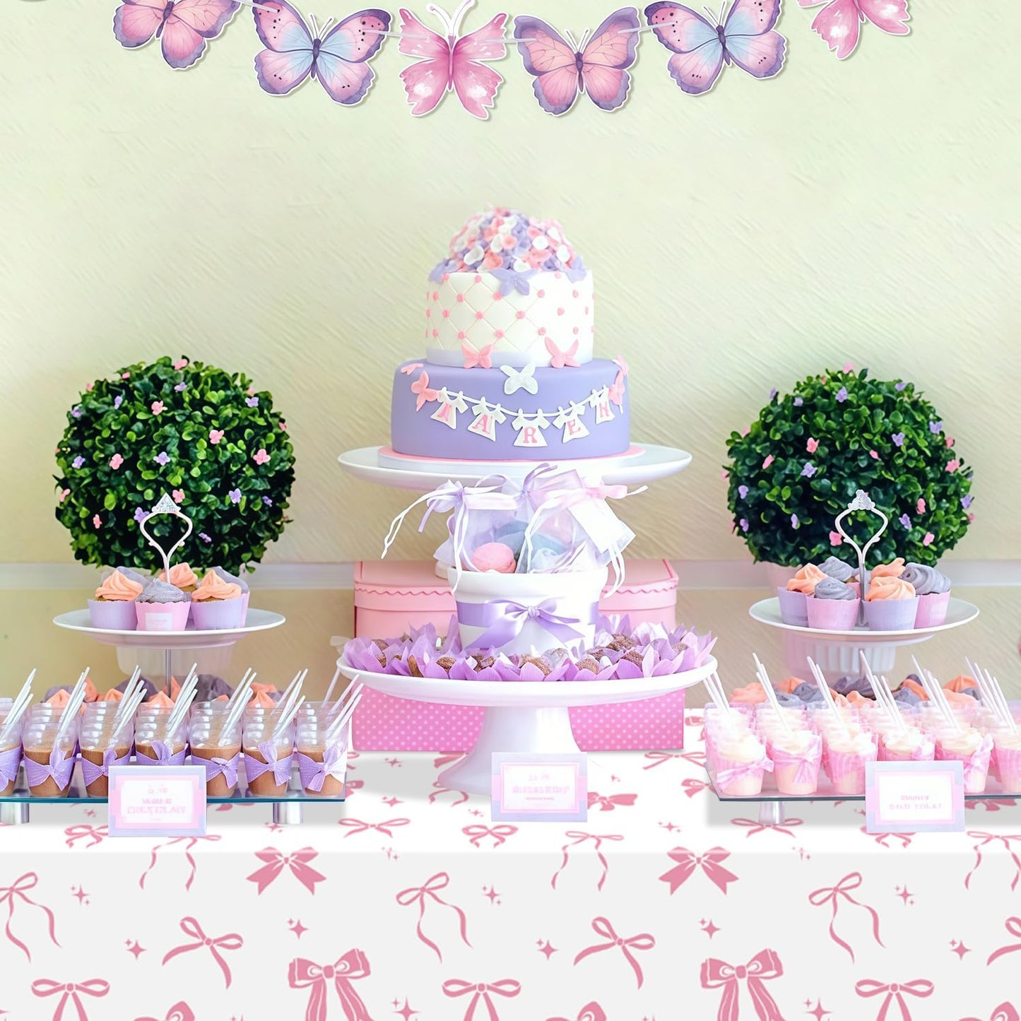 4 Pcs Pink Bow Table Cloths, 51 x 86 '' White and Pink Bow Birthday Decorations for Coquette Birthday Decorations Baby Shower Party Supplies