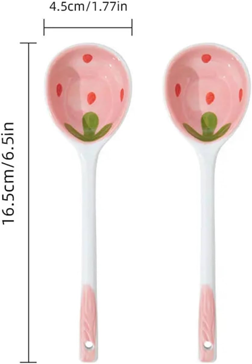Coffee Spoon Adorable Strawberry Ceramic Spoon Hand-painted Coffee & Dessert Ladle Kitchen Accessories(Pink 2PCS)