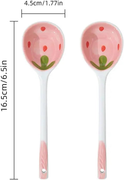 Coffee Spoon Adorable Strawberry Ceramic Spoon Hand-painted Coffee & Dessert Ladle Kitchen Accessories(Pink 2PCS)