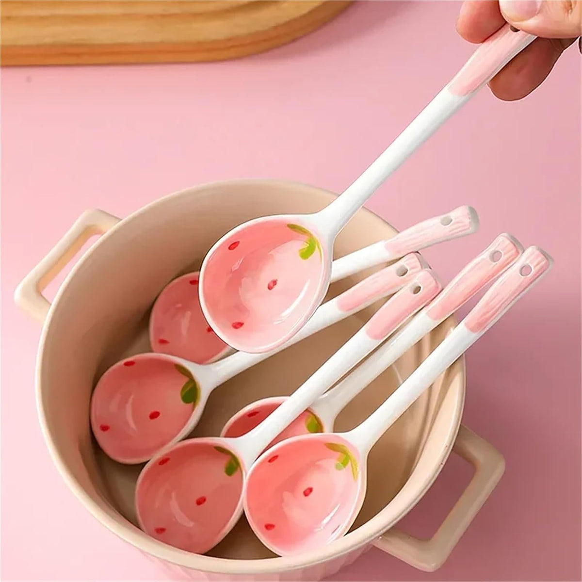 Coffee Spoon Adorable Strawberry Ceramic Spoon Hand-painted Coffee & Dessert Ladle Kitchen Accessories(Pink 2PCS)