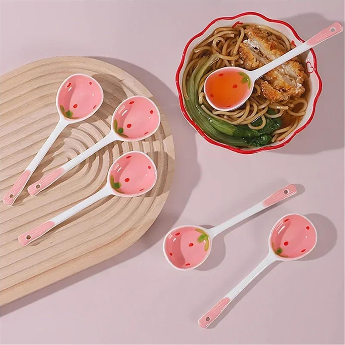 Coffee Spoon Adorable Strawberry Ceramic Spoon Hand-painted Coffee & Dessert Ladle Kitchen Accessories(Pink 2PCS)