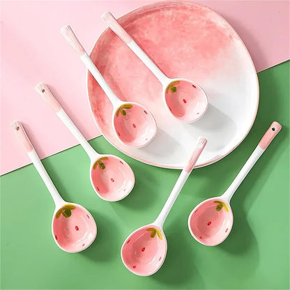 Coffee Spoon Adorable Strawberry Ceramic Spoon Hand-painted Coffee & Dessert Ladle Kitchen Accessories(Pink 2PCS)