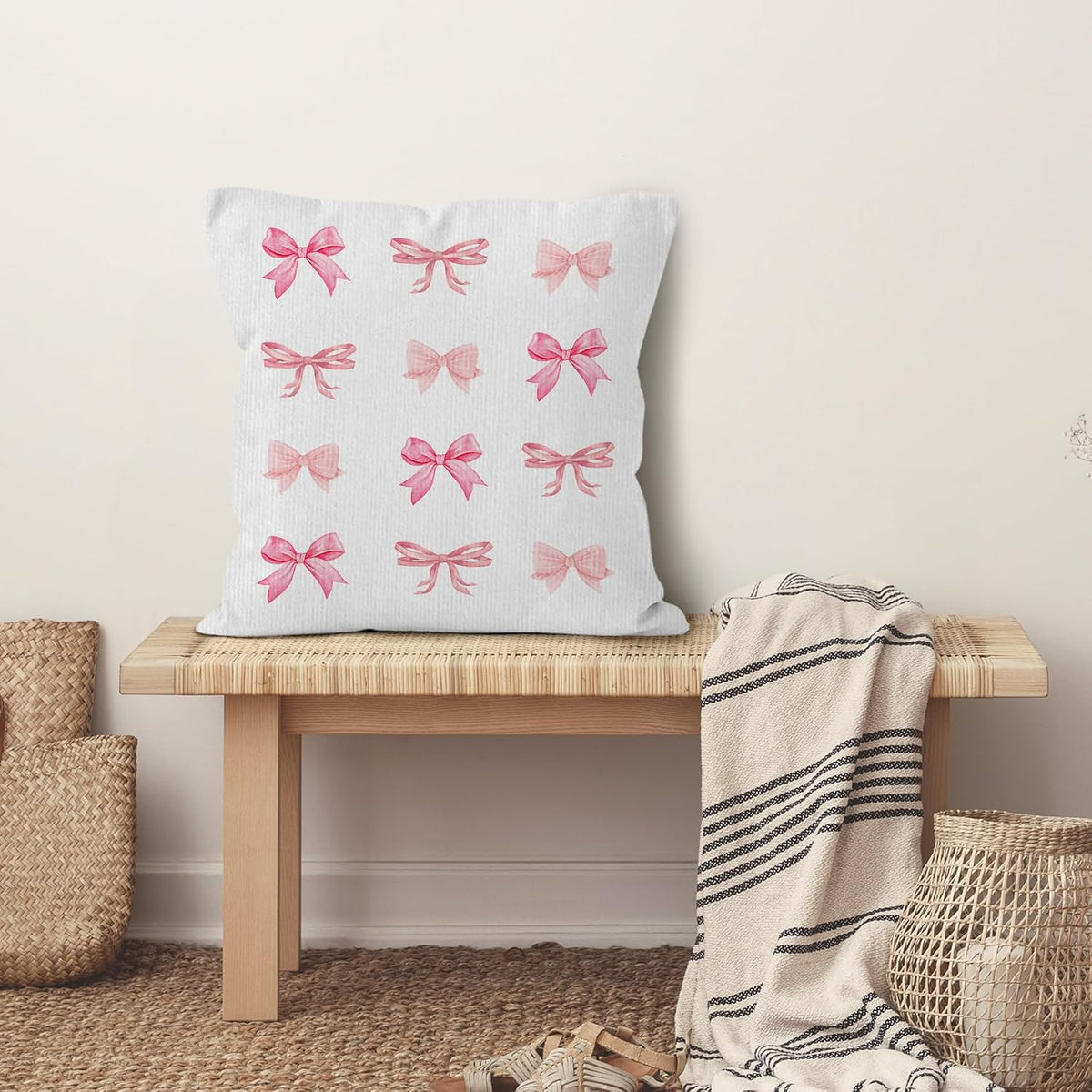 Pink Bow Throw Pillow Covers, Coquette Pillow Covers, Girly Decorative Pillow Covers for Girls Room Aesthetic, Coquette Room Decor, Bow Room Decor, Preppy Trendy Decor Pillow Covers 18x18