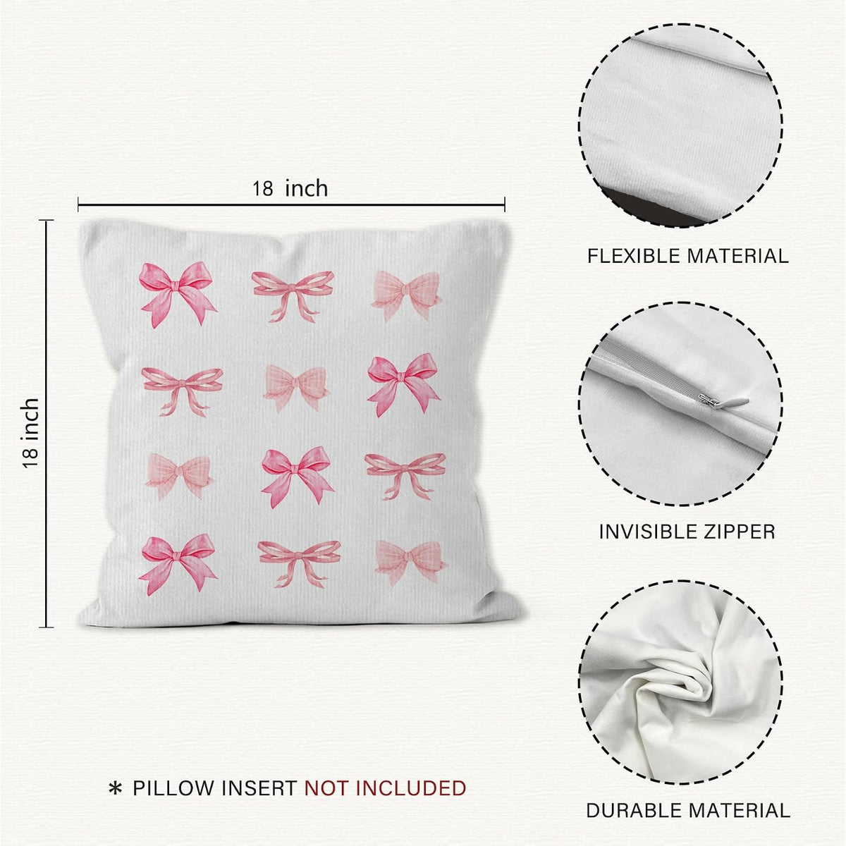 Pink Bow Throw Pillow Covers, Coquette Pillow Covers, Girly Decorative Pillow Covers for Girls Room Aesthetic, Coquette Room Decor, Bow Room Decor, Preppy Trendy Decor Pillow Covers 18x18