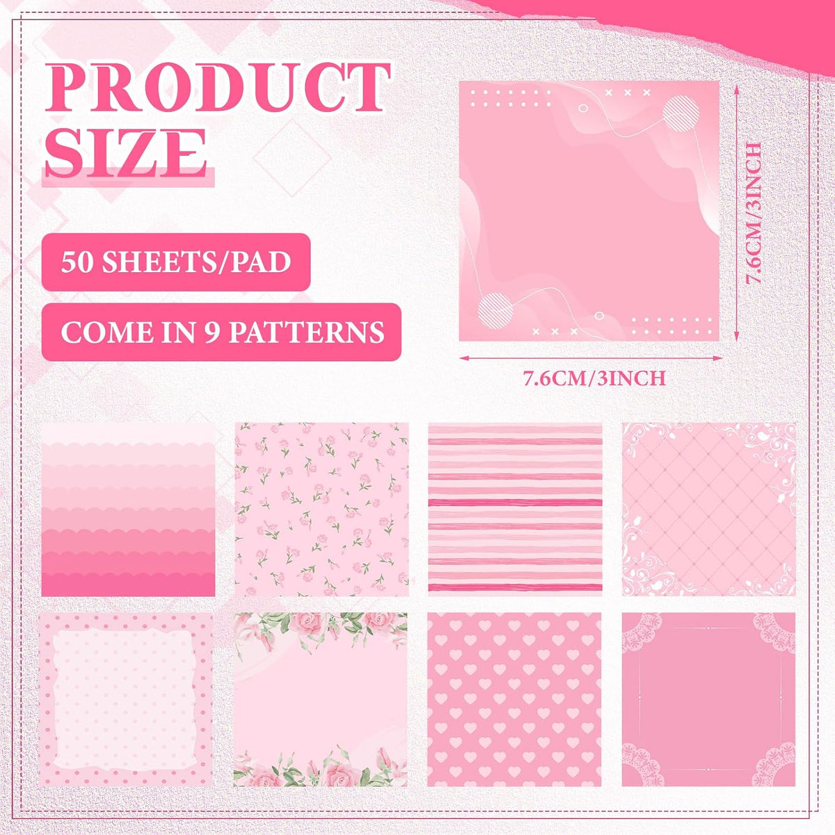 9 Pads Aesthetic Pink Sticky Notes, 3 x 3 Inch Pastel Notepads