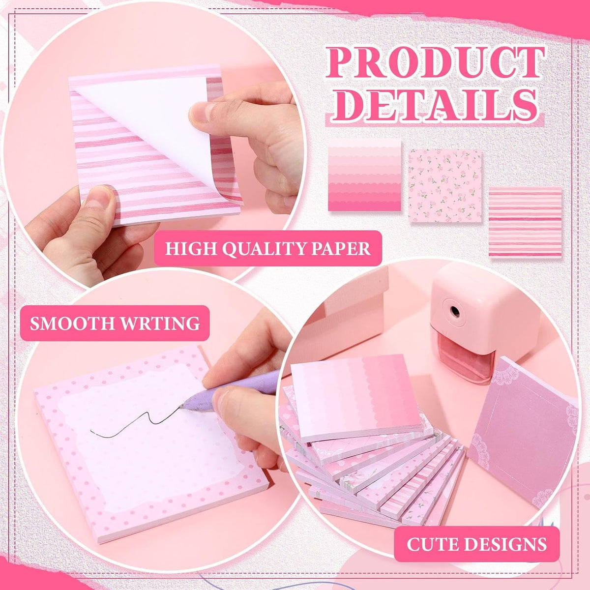 9 Pads Aesthetic Pink Sticky Notes, 3 x 3 Inch Pastel Notepads