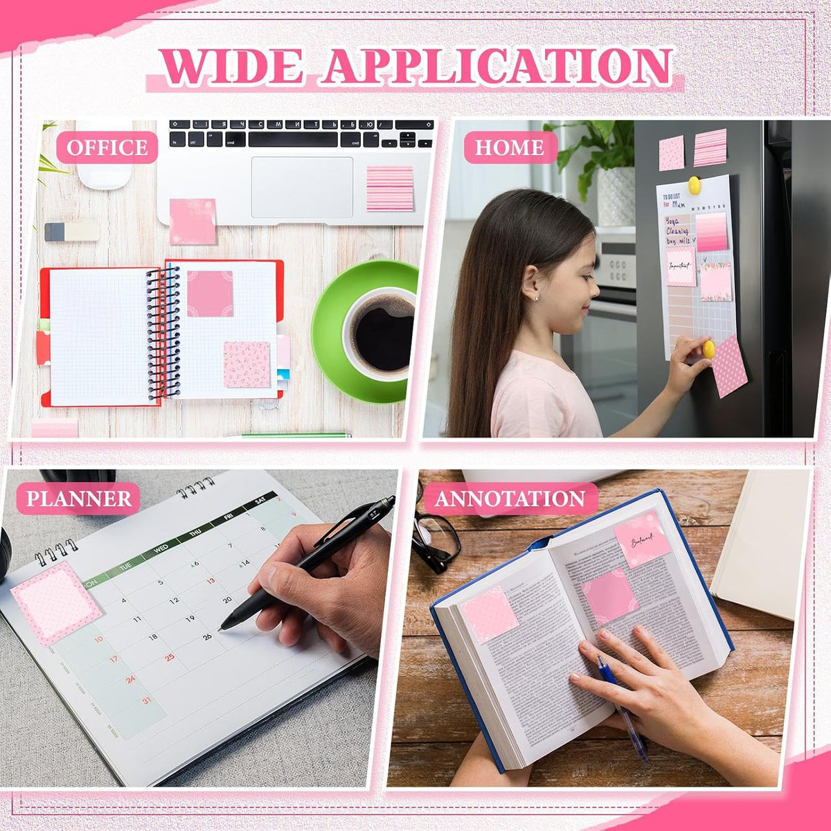 9 Pads Aesthetic Pink Sticky Notes, 3 x 3 Inch Pastel Notepads