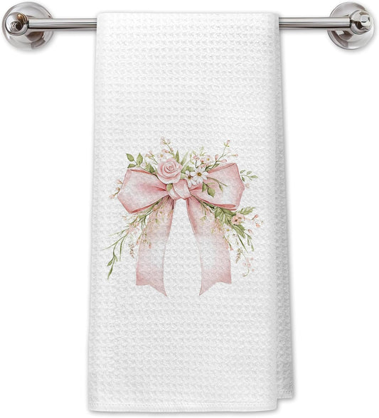 Coquette Pink Bow Floral Kitchen Towels, Watercolor Wedding Flower Dish Tea Towels for Kitchen Decor, Pastel Cottagecore Floral Hand Towels for Bathroom Decor, 16x24 Inch