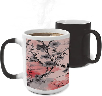 Flowers on Peach Background Color Changing Mugs Heat Sensitive Coffee Mug 11 Oz Novelty Ceramic Cup with Handle Magic Cups Temperature Changing Coffee Tumblers for Women Men Funny Gifts