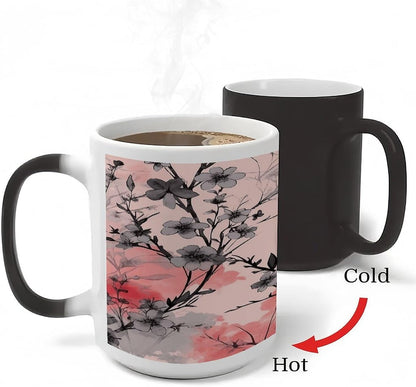 Flowers on Peach Background Color Changing Mugs Heat Sensitive Coffee Mug 11 Oz Novelty Ceramic Cup with Handle Magic Cups Temperature Changing Coffee Tumblers for Women Men Funny Gifts