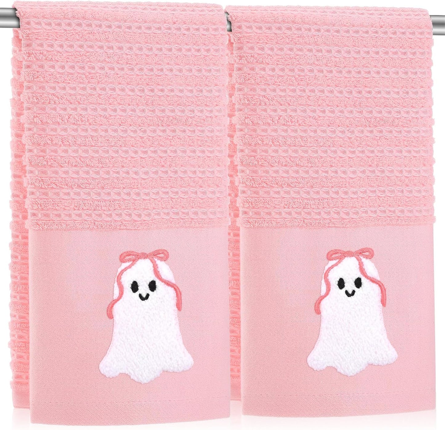 2 Pcs Pink Halloween Hand Towels Embroidered Bow Ghost