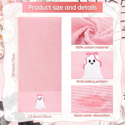 2 Pcs Pink Halloween Hand Towels Embroidered Bow Ghost