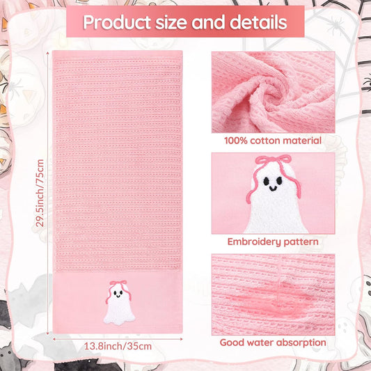 2 Pcs Pink Halloween Hand Towels Embroidered Bow Ghost