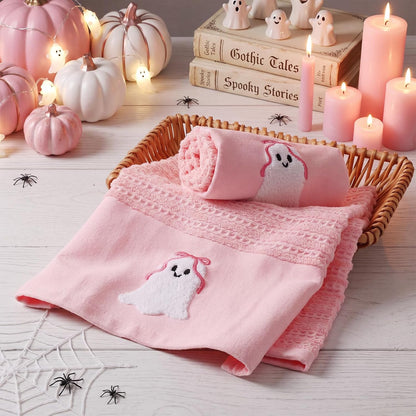 2 Pcs Pink Halloween Hand Towels Embroidered Bow Ghost