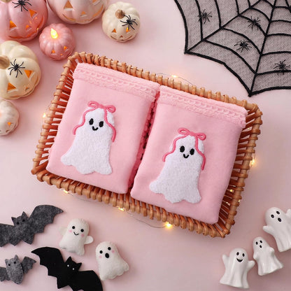 2 Pcs Pink Halloween Hand Towels Embroidered Bow Ghost