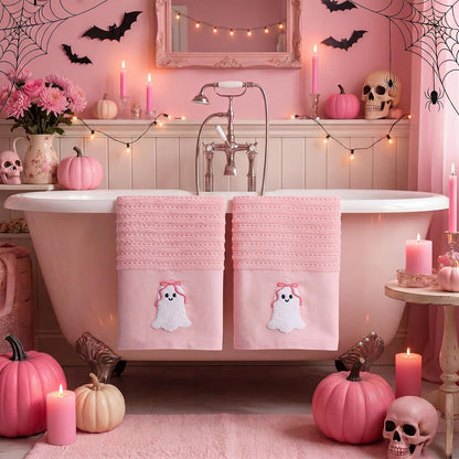 2 Pcs Pink Halloween Hand Towels Embroidered Bow Ghost