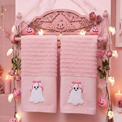 2 Pcs Pink Halloween Hand Towels Embroidered Bow Ghost
