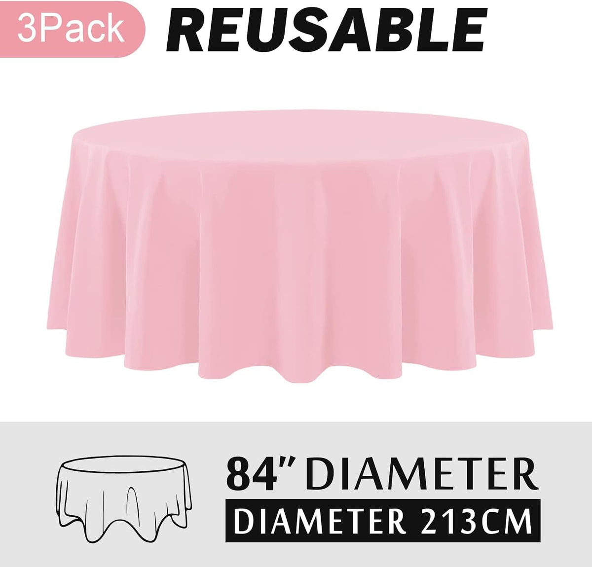 Round Tablecloths,3 Pack 84 Inch Round Plastic Tablecloths Disposable Table Covers Pink Tablecloth for Indoor or Outdoor Parties Birthdays Weddings Holiday Dinner Anniversary Buffet Table