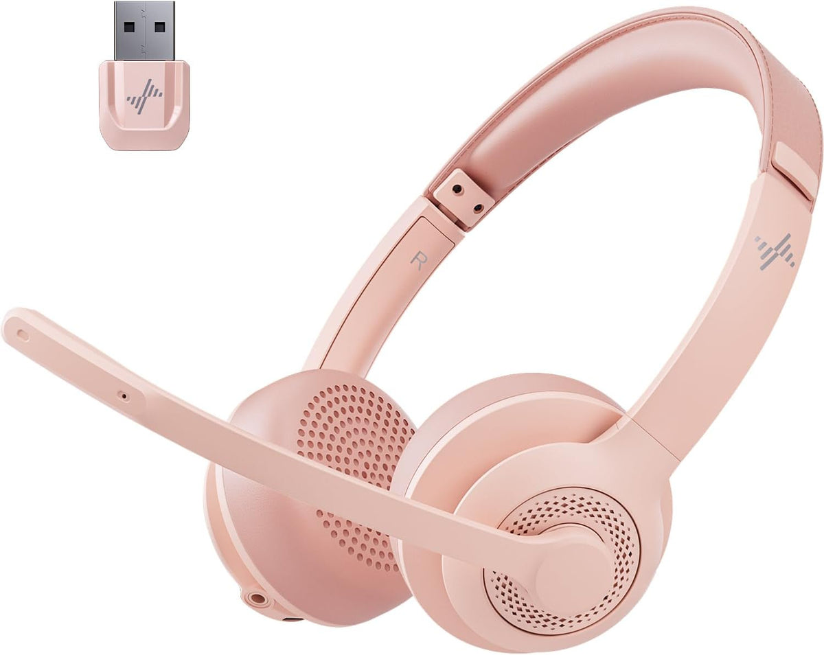 Wireless Headset with AI Noise Cancelling Microphone Bluetooth Headset - Bluetooth V5.2 Headphones with USB Dongle & Mic Mute for Computer/Laptop/PC/iPhone/Android/Cell Phones (Pink)
