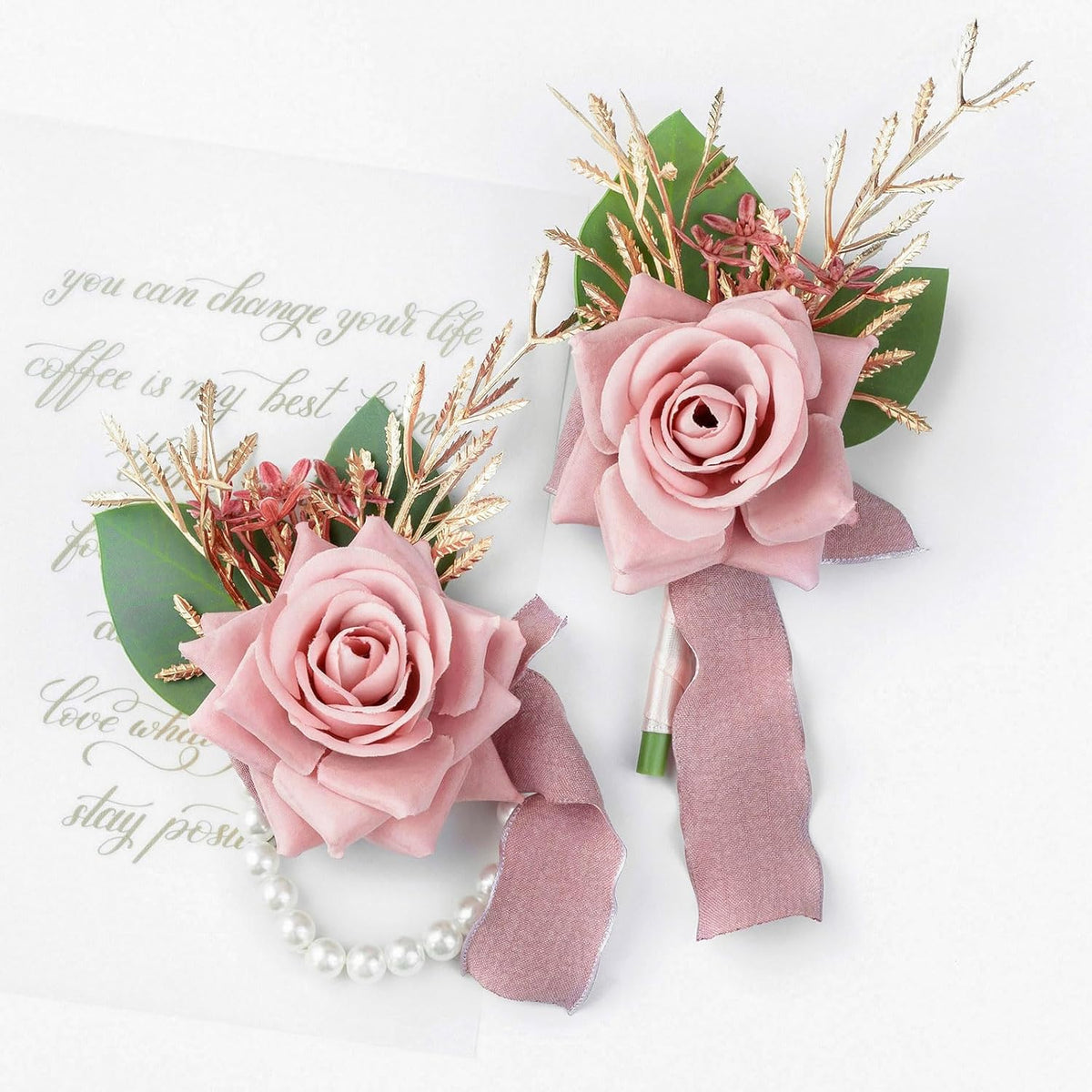 Wrist Corsage Wristlet and Boutonniere Set for Wedding Bridesmaid Mother Grandmother for Bridal Shower Wedding Artificial Roses Flower Prom Set of 2 (Pink)