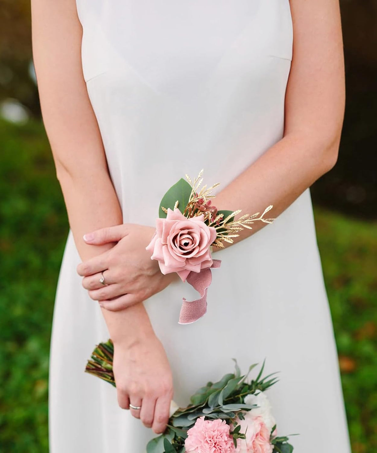 Wrist Corsage Wristlet and Boutonniere Set for Wedding Bridesmaid Mother Grandmother for Bridal Shower Wedding Artificial Roses Flower Prom Set of 2 (Pink)