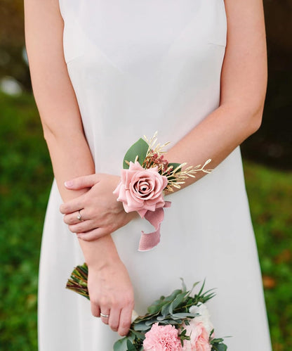 Wrist Corsage Wristlet and Boutonniere Set for Wedding Bridesmaid Mother Grandmother for Bridal Shower Wedding Artificial Roses Flower Prom Set of 2 (Pink)