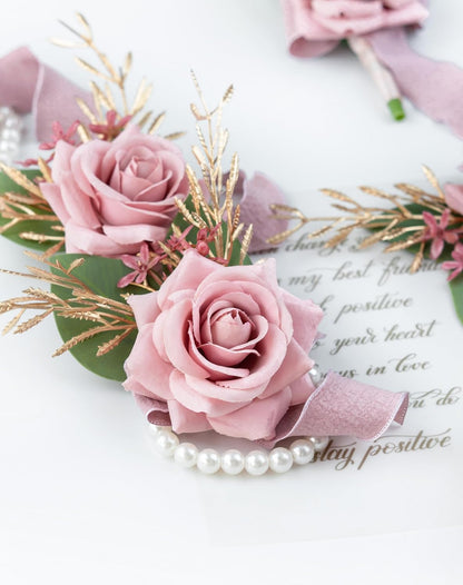 Wrist Corsage Wristlet and Boutonniere Set for Wedding Bridesmaid Mother Grandmother for Bridal Shower Wedding Artificial Roses Flower Prom Set of 2 (Pink)