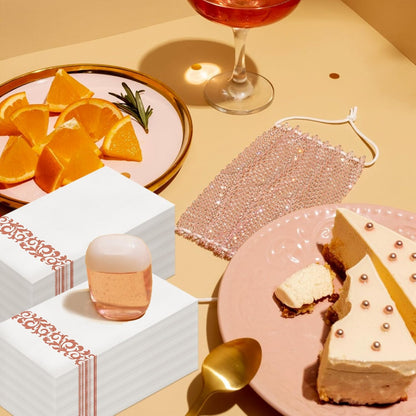 80 Count Disposable Rose Gold Trim Napkins, Premium Linen-Like Dinner Napkins, Soft Absorbent Guest Hand Towels for Parties, Bathroom, Kitchen, Events, 8 * 4.5inches
