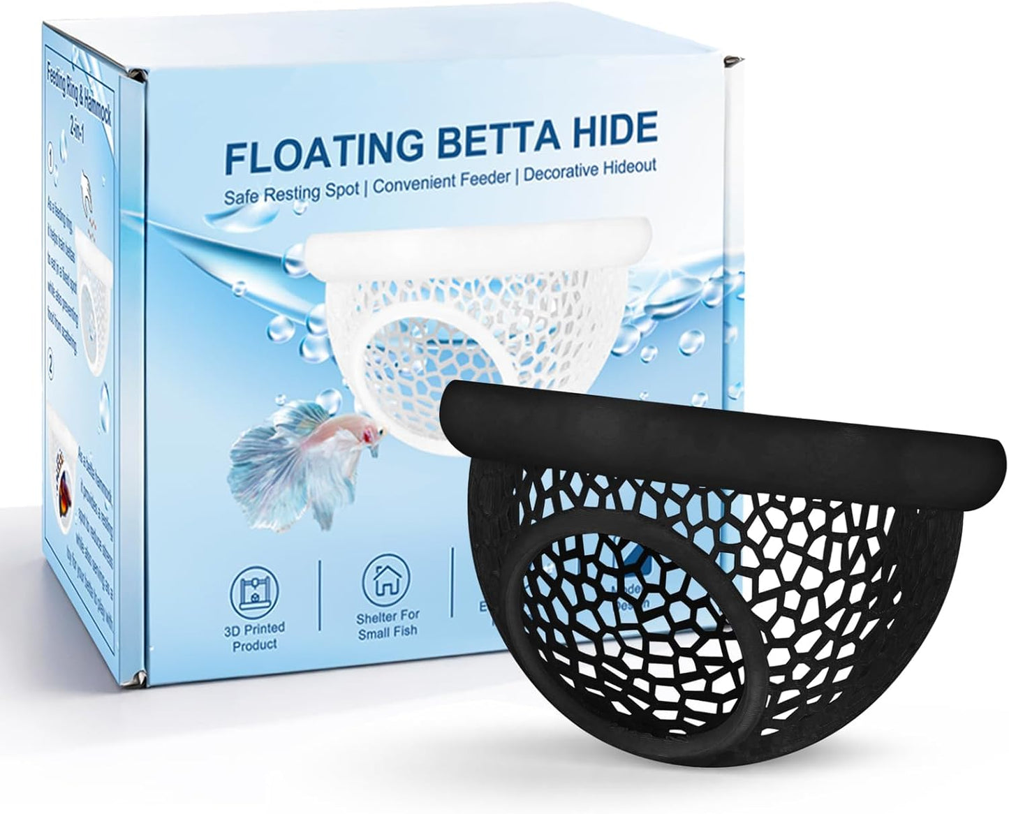 Floating Betta Hide & Shrimp Cave – 3D Printed Aquarium Decor, Multi-Functional Hammock, Feeding Ring & Safe Resting Spot for Betta, Shrimp & Small Fish (PLA, Eco-Safe)