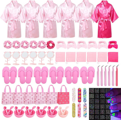 6Set Spa Party Set: Satin Robes, Slipper, Mask, Nail Kit for Slumber Party